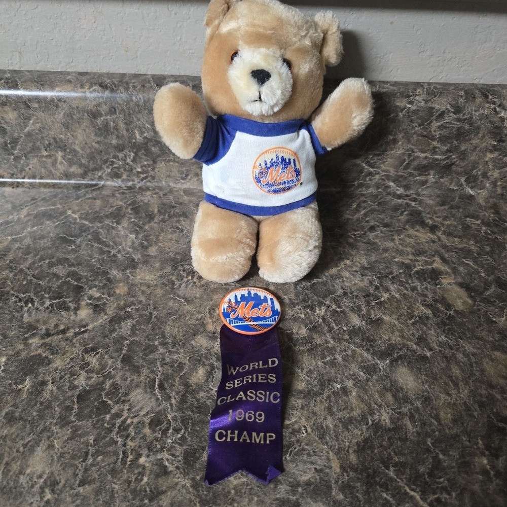 Vtg Applause Plush Teddy White‎ Bear NY METS Baseball 1986 Blue 1869 Ribbon/pin